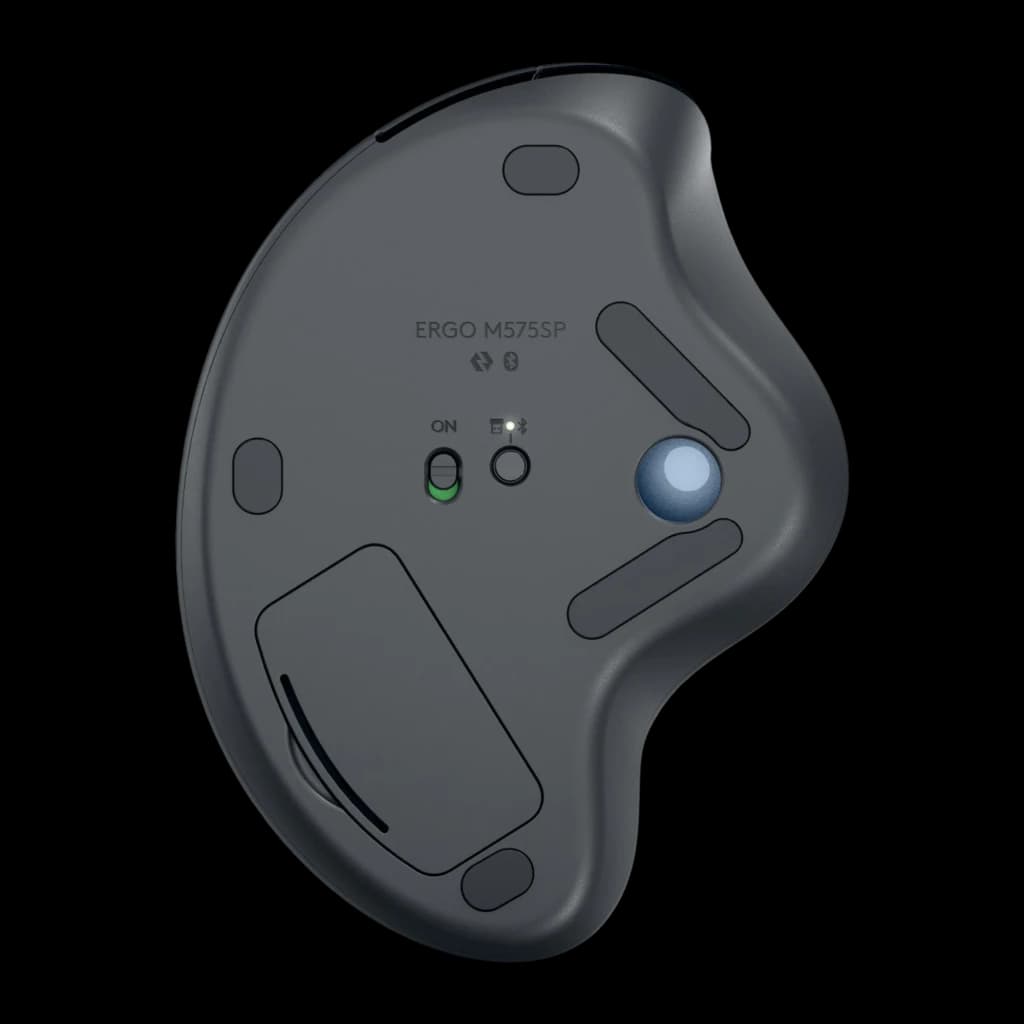 Logitech ERGO M575S grafito, vista inferior: interruptor ON/OFF, botón de conexión Bluetooth y trackball azul