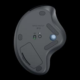 Logitech ERGO M575S grafito, vista inferior: interruptor ON/OFF, botón de conexión Bluetooth y trackball azul
