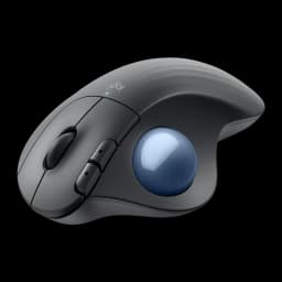 Logitech ERGO M575S grafito, vista trasera lateral: perfil ergonómico elevado, trackball azul y botones laterales visibles