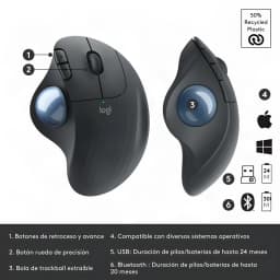 Logitech Ratón ERGO M575S Grafito, infografía: vistas frontal y lateral con botones, trackball y compatibilidad numerada