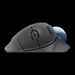 Logitech Ratón ERGO M575S Grafito, vista lateral: trackball azul, rueda de desplazamiento y LED verde visibles