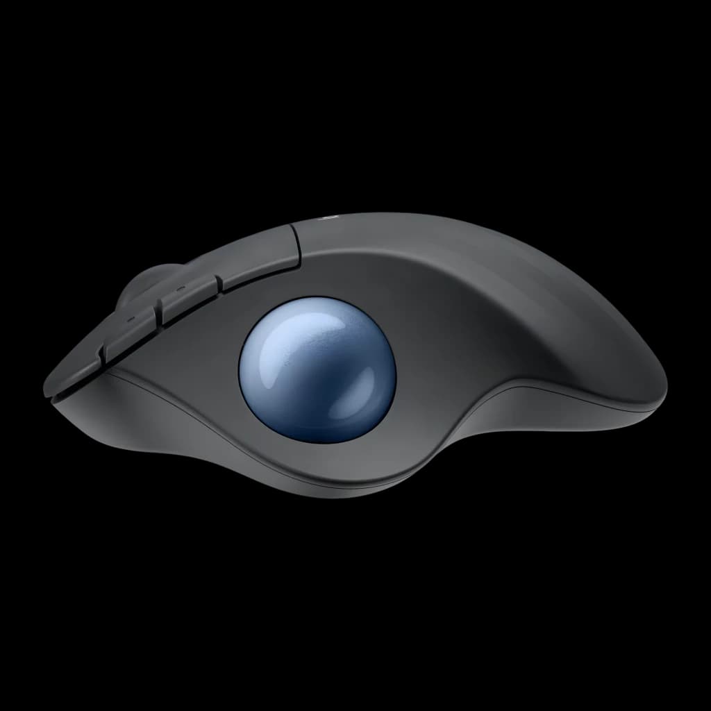Logitech Ratón ERGO M575S Grafito, vista lateral: trackball azul prominente, cuerpo ergonómico gris y botones laterales