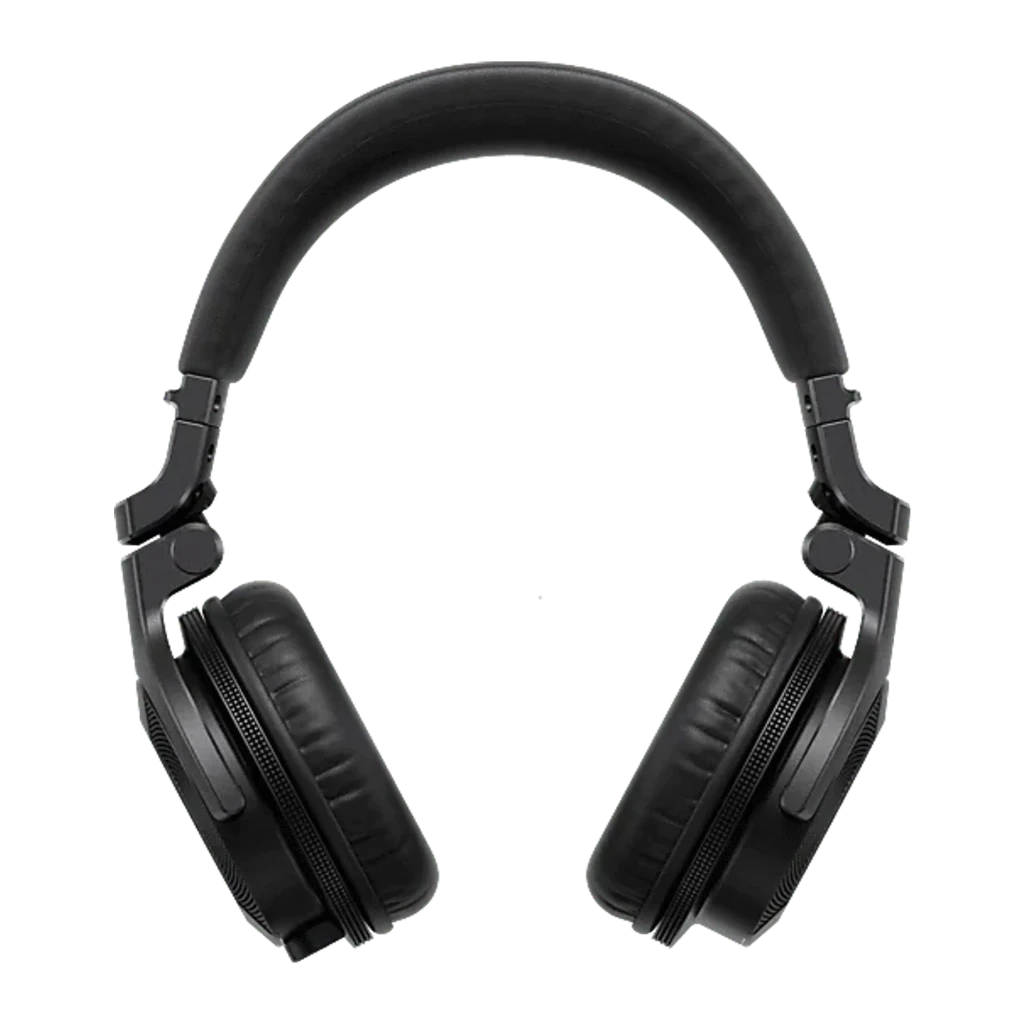 Pioneer DJ HDJ-CUE1 noir, vue en angle: arceau rembourré, mécanisme de réglage et logo sur les deux oreillettes - Ítem2