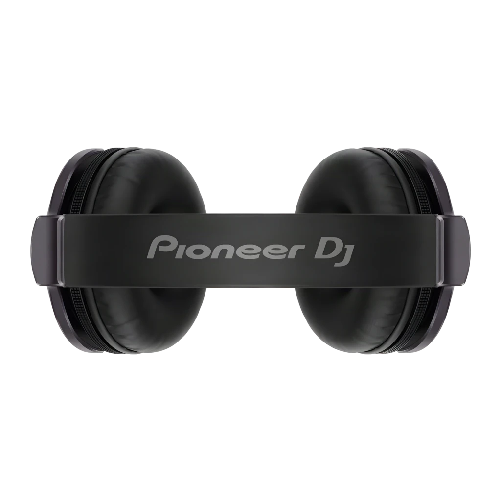 Pioneer DJ HDJ-CUE1 noir, vue en angle: arceau rembourré, mécanisme de réglage et logo sur les deux oreillettes - Ítem4