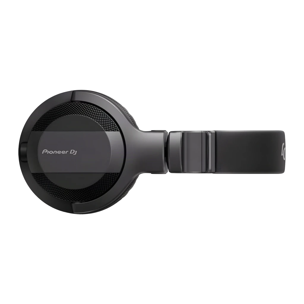 Pioneer DJ HDJ-CUE1 noir, vue en angle: arceau rembourré, mécanisme de réglage et logo sur les deux oreillettes - Ítem5