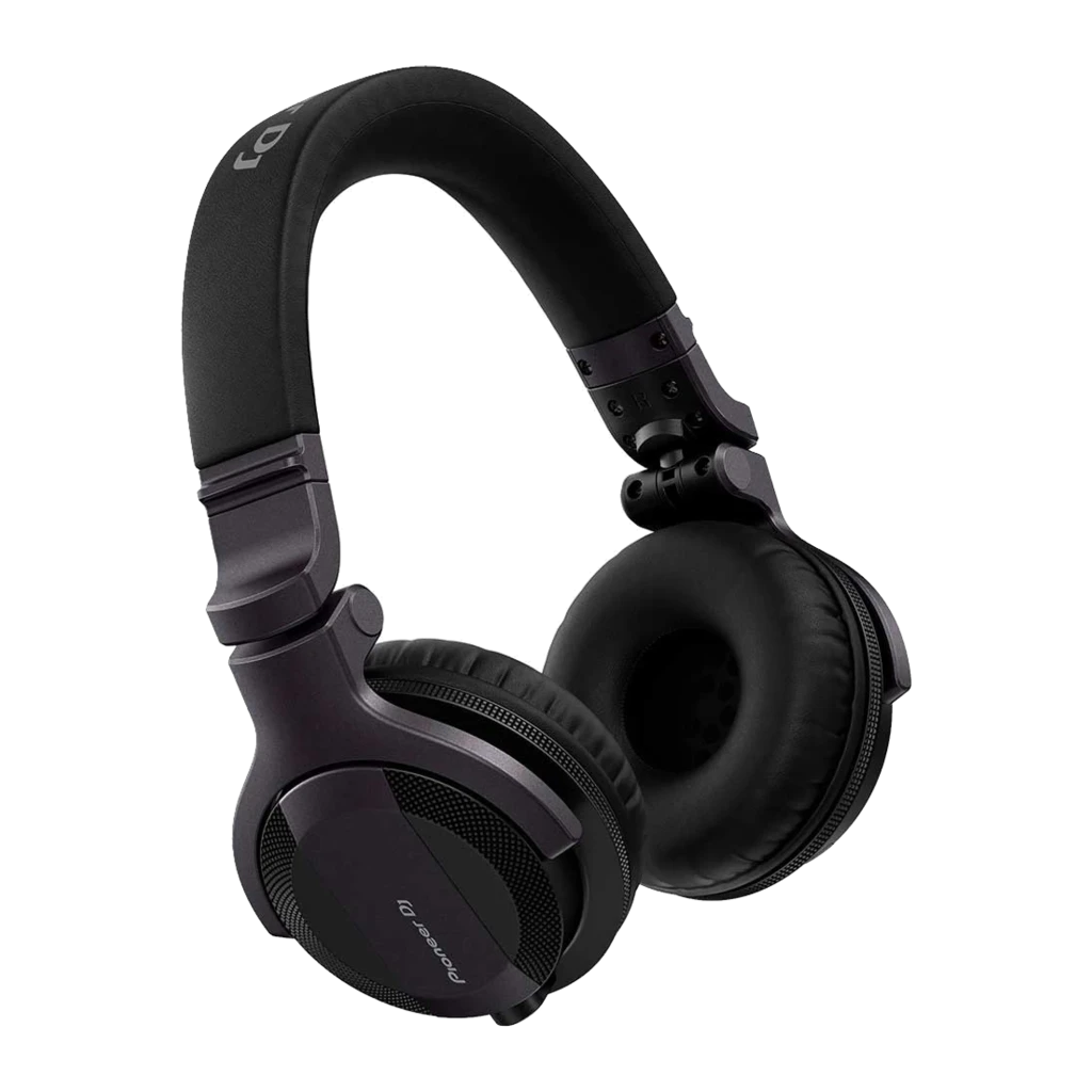 Pioneer DJ HDJ-CUE1 noir, vue en angle: arceau rembourré, mécanisme de réglage et logo sur les deux oreillettes - Ítem1