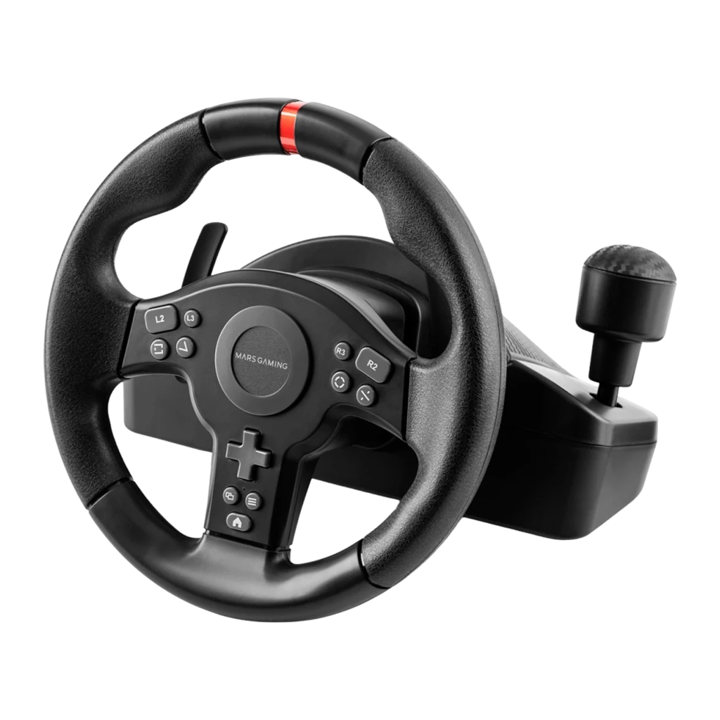 Mars Gaming MWH-RSXONE noir, vue ensemble: volant avec pédales et changement de vitesse montés sur socle noir - Ítem2