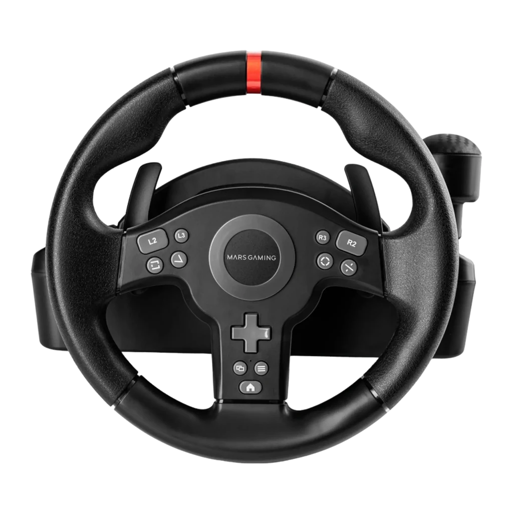 Mars Gaming MWH-RSXONE noir, vue ensemble: volant avec pédales et changement de vitesse montés sur socle noir - Ítem1