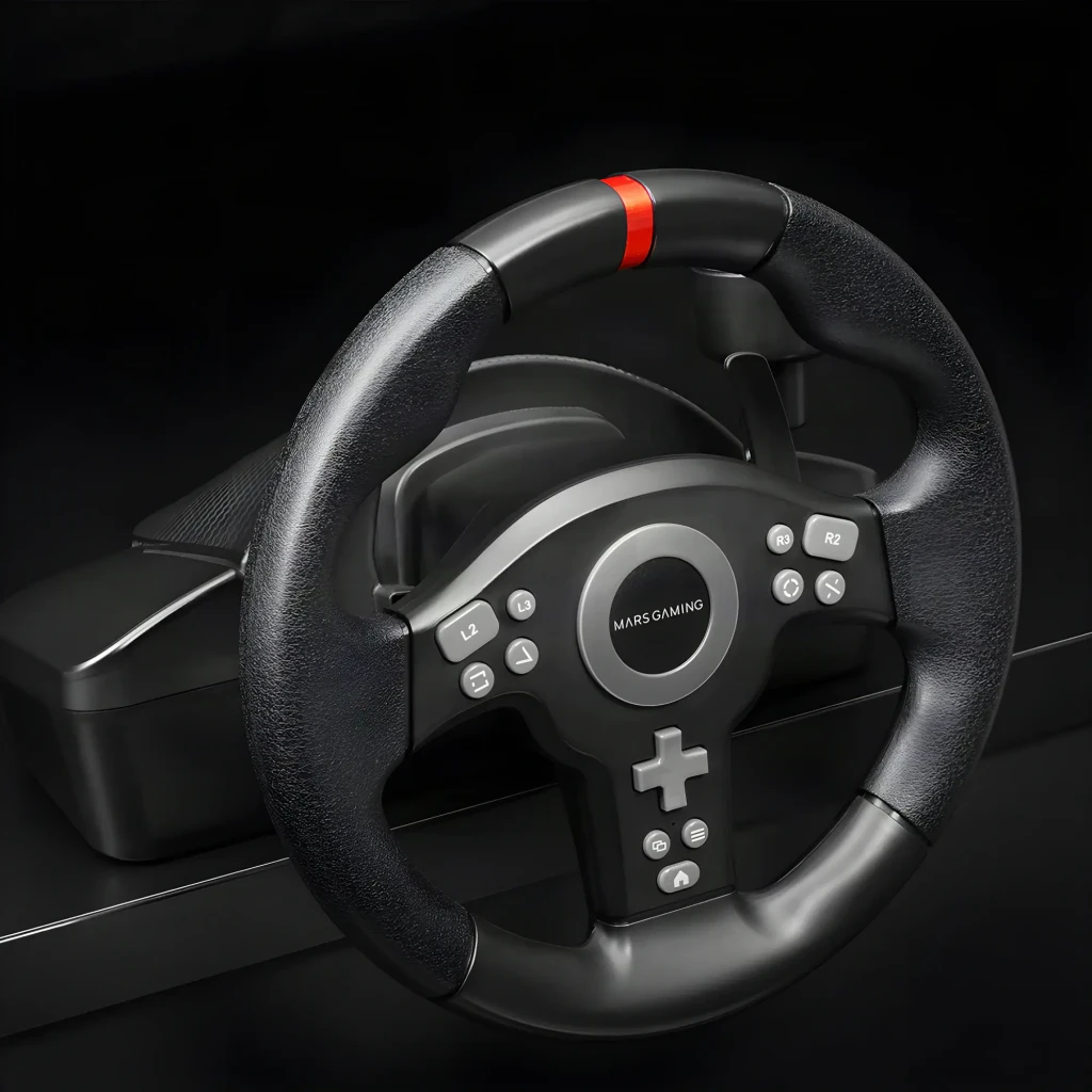 Mars Gaming MWH-RSXONE noir, vue ensemble: volant avec pédales et changement de vitesse montés sur socle noir - Ítem5