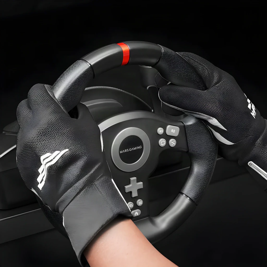 Mars Gaming MWH-RSXONE noir, vue ensemble: volant avec pédales et changement de vitesse montés sur socle noir - Ítem6