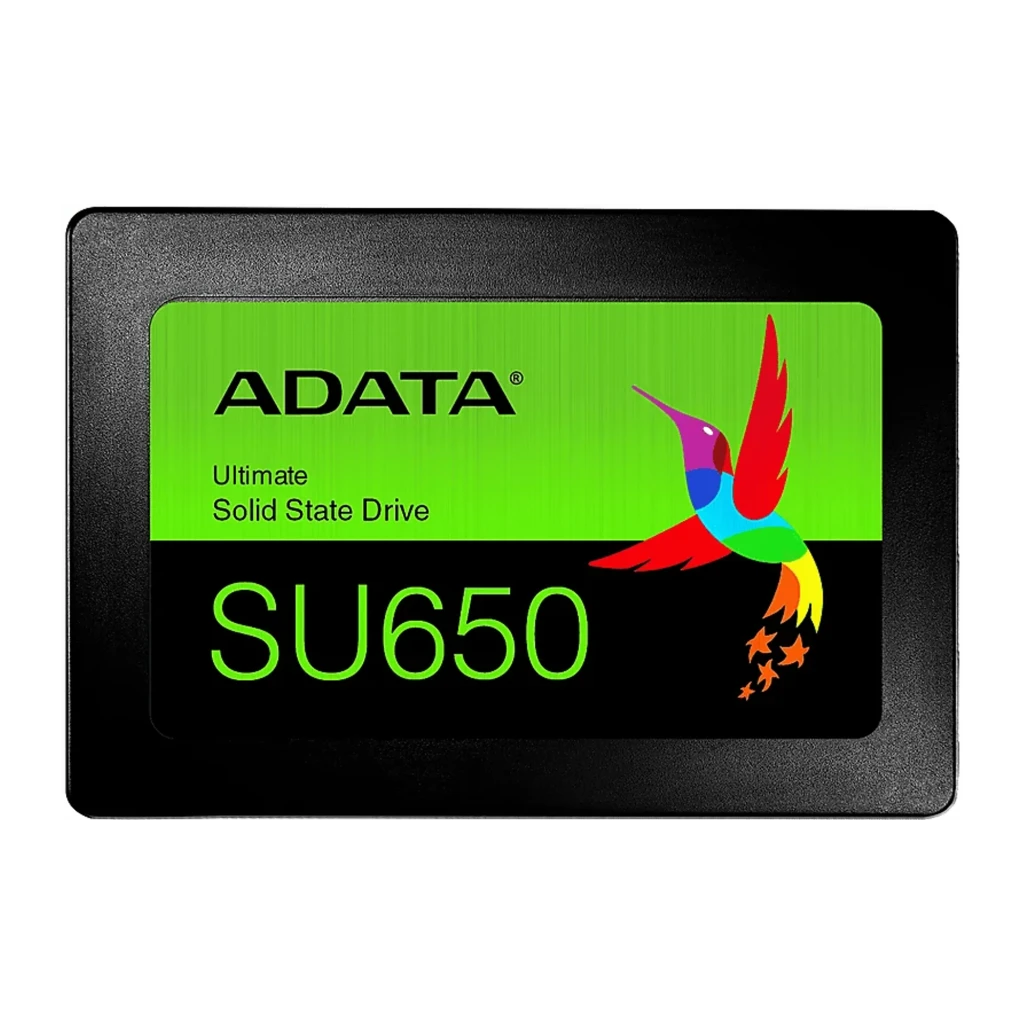ADATA Ultimate SU650 512GB noir, vue avant: étiquette verte avec logo, modèle SU650 et colibri multicolore