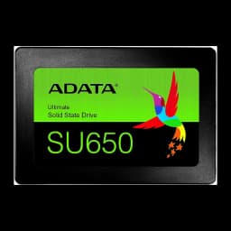 ADATA Ultimate SU650 512GB noir, vue avant: étiquette verte avec logo, modèle SU650 et colibri multicolore