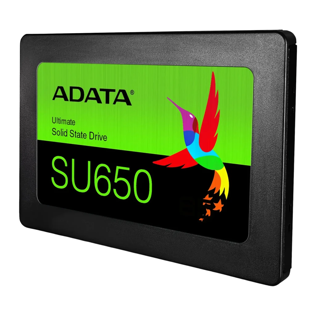 ADATA SSD Ultimate SU650 512GB noir, vue de face droite: étiquette verte et noire avec colibri multicolore entier