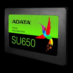ADATA SSD Ultimate SU650 512GB noir, vue de face droite: étiquette verte et noire avec colibri multicolore entier