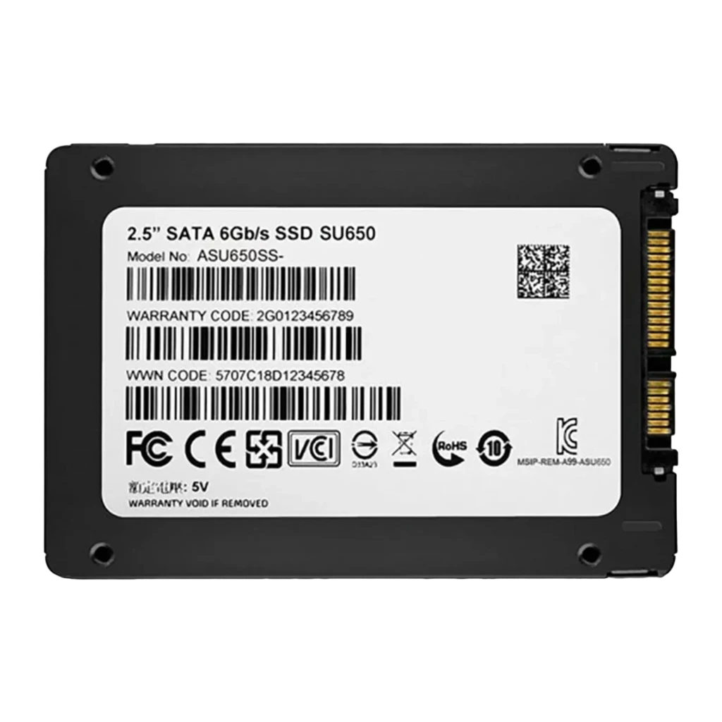 ADATA SSD Ultimate SU650 512GB noir, vue arrière: étiquette blanche avec codes-barres, connecteurs SATA visibles