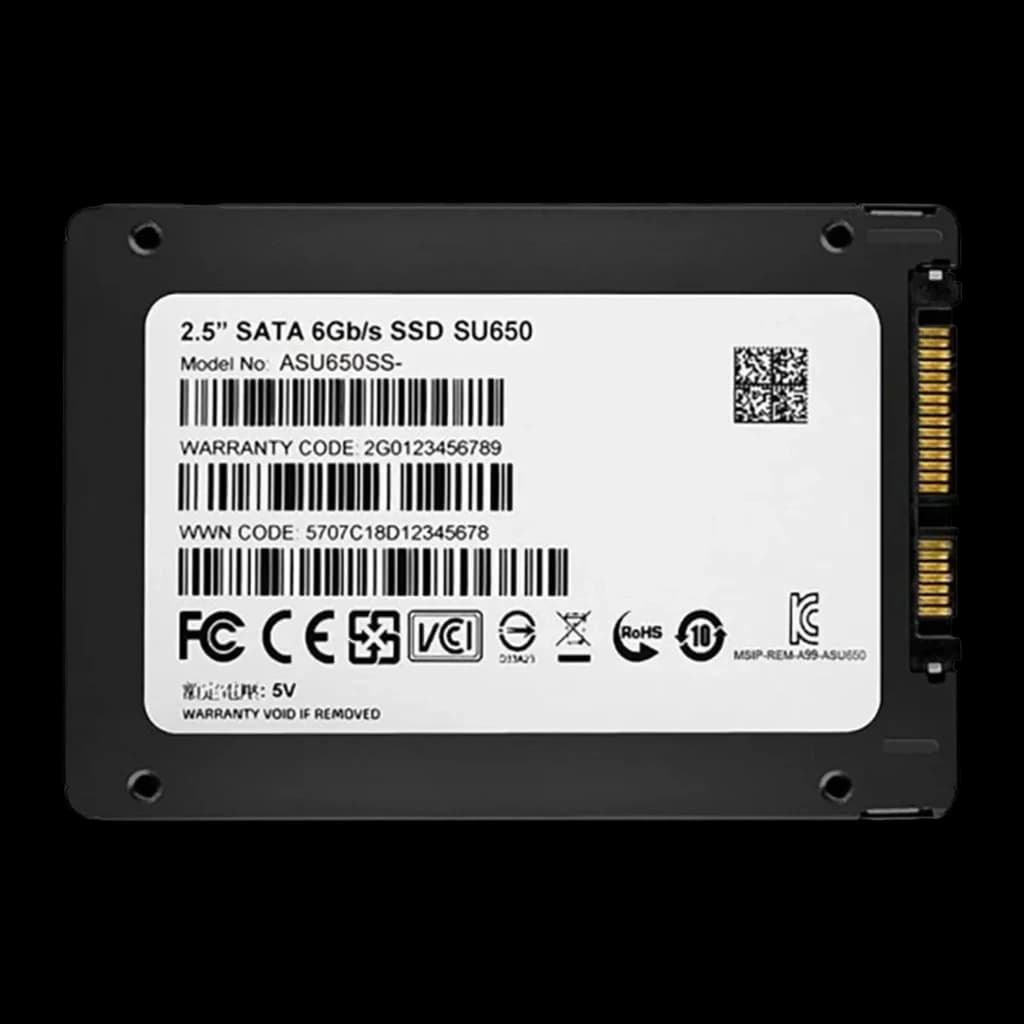 ADATA SSD Ultimate SU650 512GB noir, vue arrière: étiquette blanche avec codes-barres, connecteurs SATA visibles
