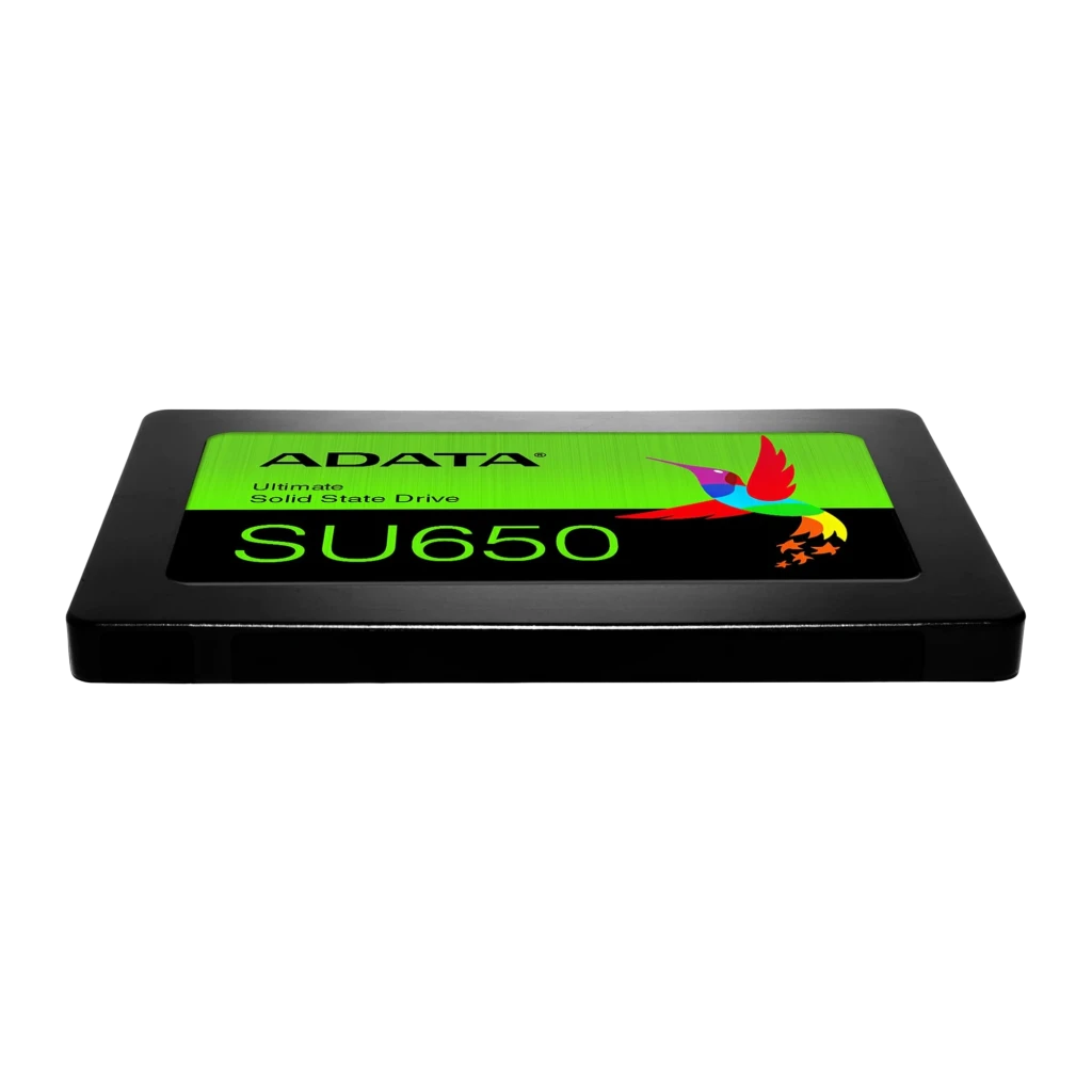 ADATA SSD Ultimate SU650 512GB noir, vue latérale basse: profil fin 2,5 pouces et étiquette verte avec SU650