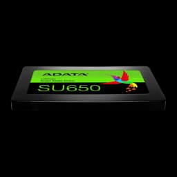 ADATA SSD Ultimate SU650 512GB noir, vue latérale basse: profil fin 2,5 pouces et étiquette verte avec SU650