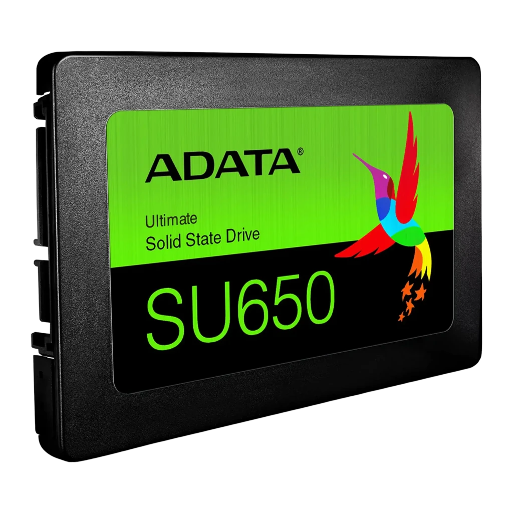 ADATA SSD Ultimate SU650 512GB noir, vue avant en angle: étiquette verte avec logo et colibri multicolore
