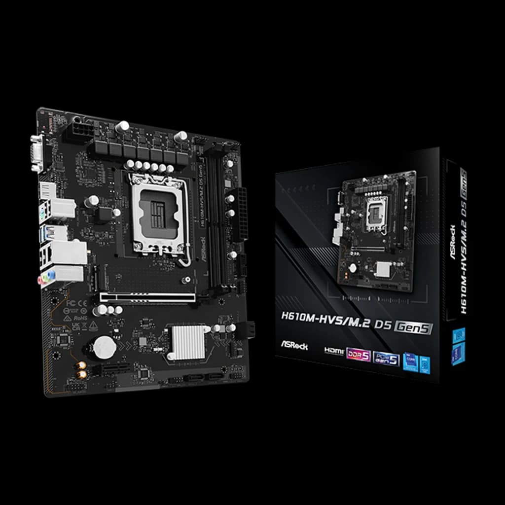 ASRock H610M-HVS/M.2 D5 Gen5 128GB noir, vue de face avec boîte: carte mère mATX Socket 1700 et son emballage