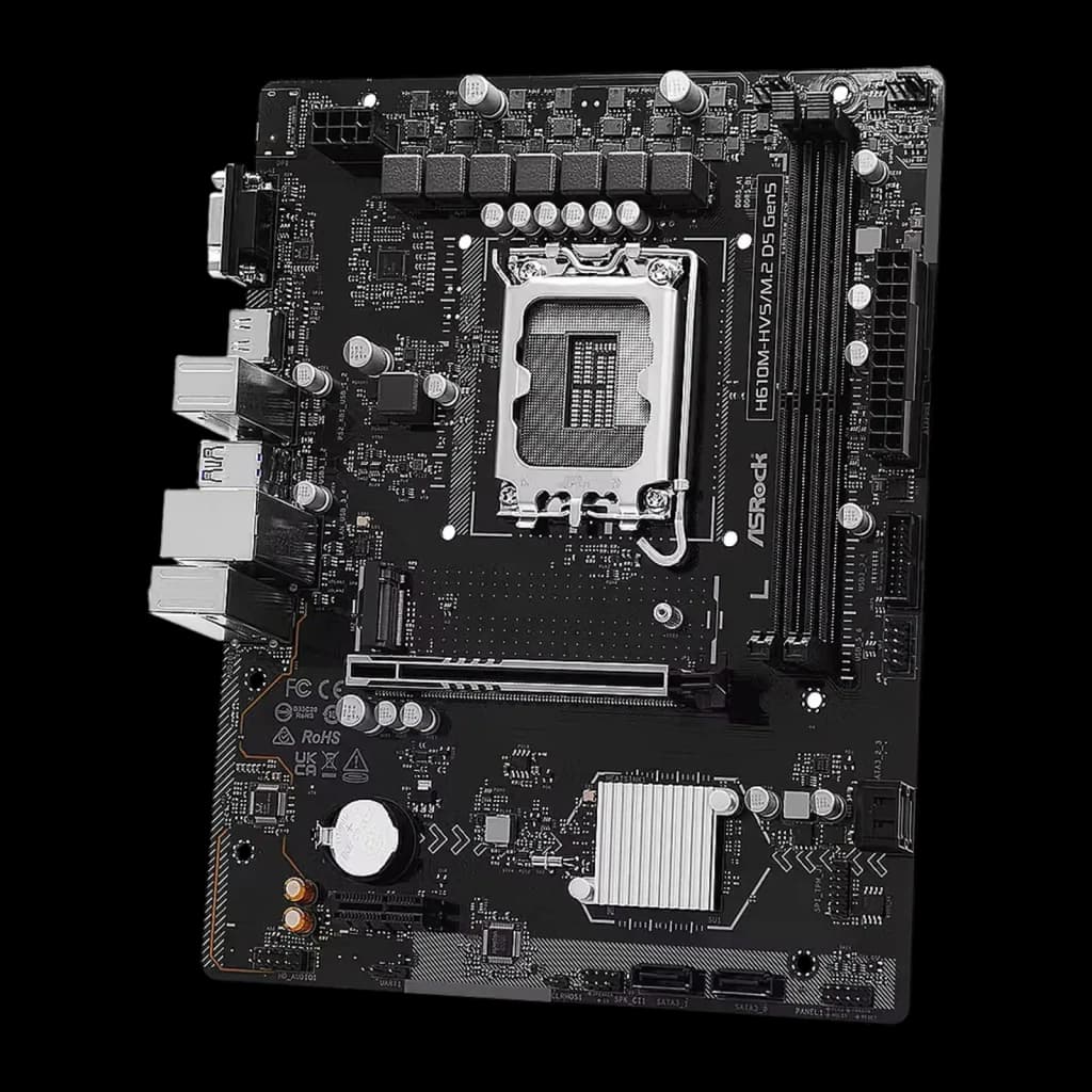 ASRock H610M-HVS/M.2 D5 Gen5 128GB mATX, vue en angle: socket LGA1700 et panneau I/O arrière avec connecteurs visibles