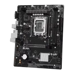 ASRock H610M-HVS/M.2 D5 Gen5 128GB mATX, vue en angle: socket LGA1700 et panneau I/O arrière avec connecteurs visibles