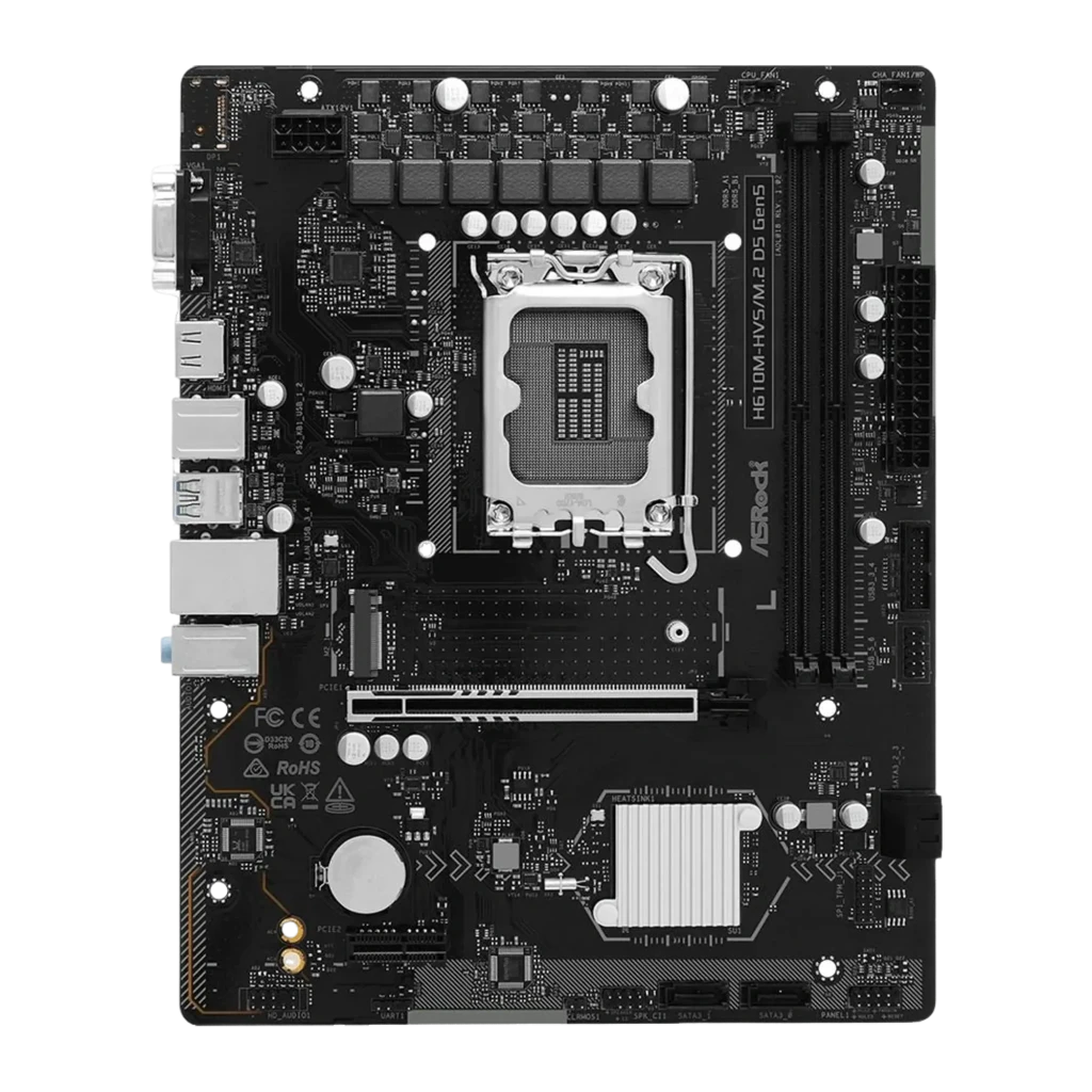 ASRock H610M-HVS/M.2 D5 Gen5 128GB noir, vue de face avec boîte: carte mère mATX Socket 1700 et son emballage - Ítem1