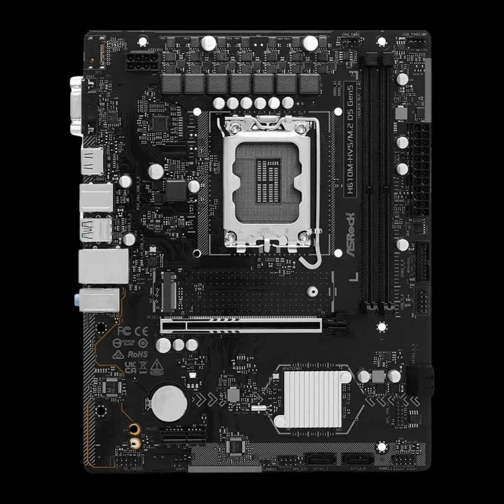 ASRock H610M-HVS/M.2 D5 Gen5 128GB mATX, vue de face: PCB noir avec socket LGA1700, slots DDR5 et slot PCIe