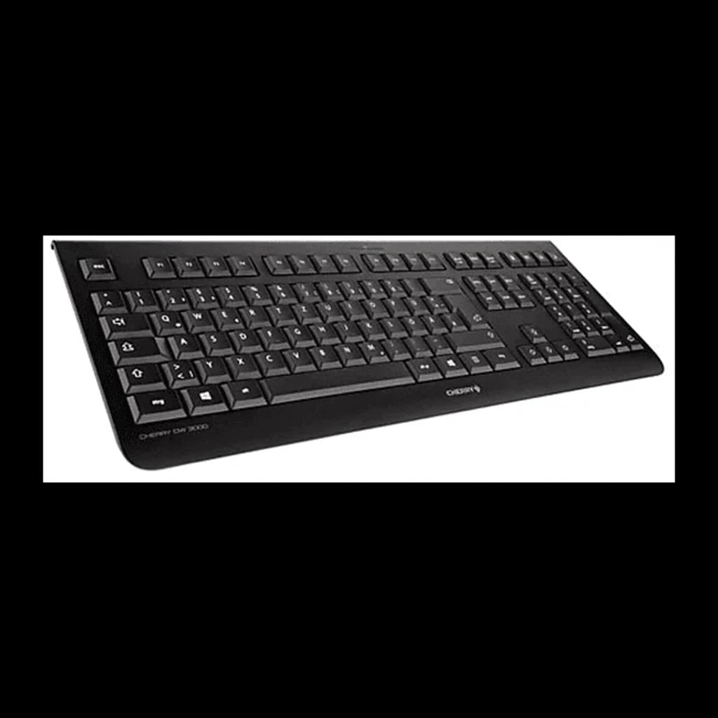 CHERRY Kit Teclado Ratón Inalámbrico DW 3000 Negro, vista en ángulo: teclado completo con teclas y logo CHERRY en la barra
