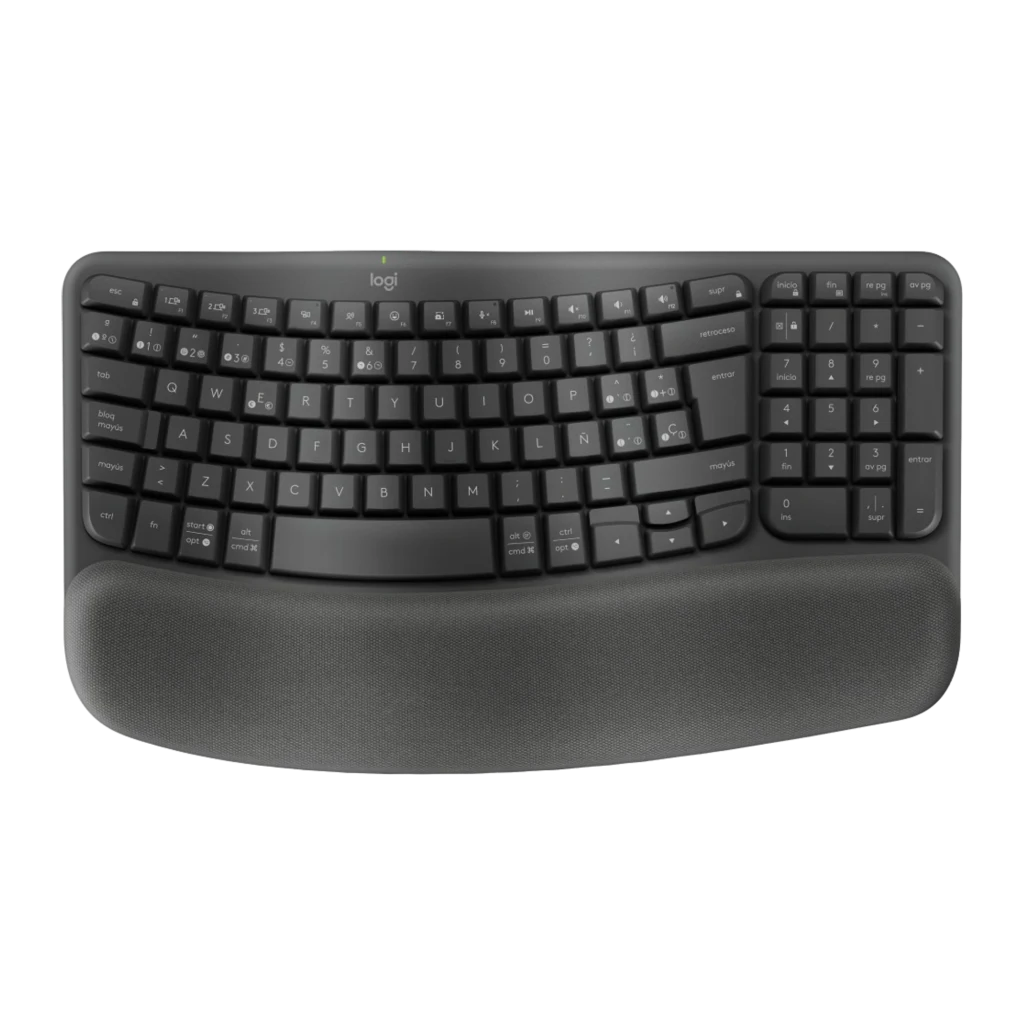 Logitech Wave Keys Inalámbrico Ergonómico QWERTY Grafito, vista superior: diseño ondulado, teclas y reposamuñecas acolchado