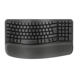 Logitech Wave Keys Sem Fio Ergonômico QWERTY Grafite, vista superior: layout ondulado, teclas e apoio de pulso acolchoado