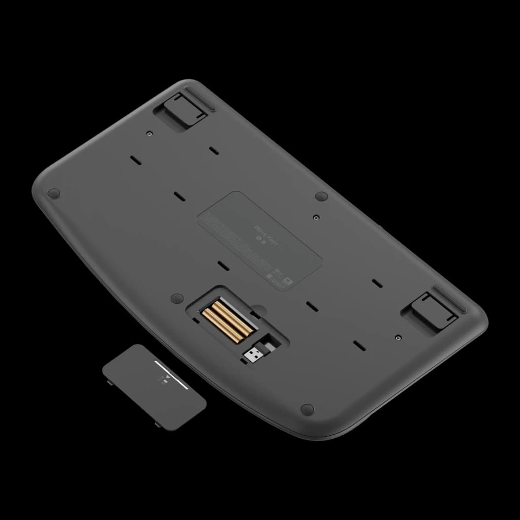Logitech Wave Keys Inalámbrico Ergonómico QWERTY Grafito, vista inferior: compartimento de pilas abierto y receptor USB nano