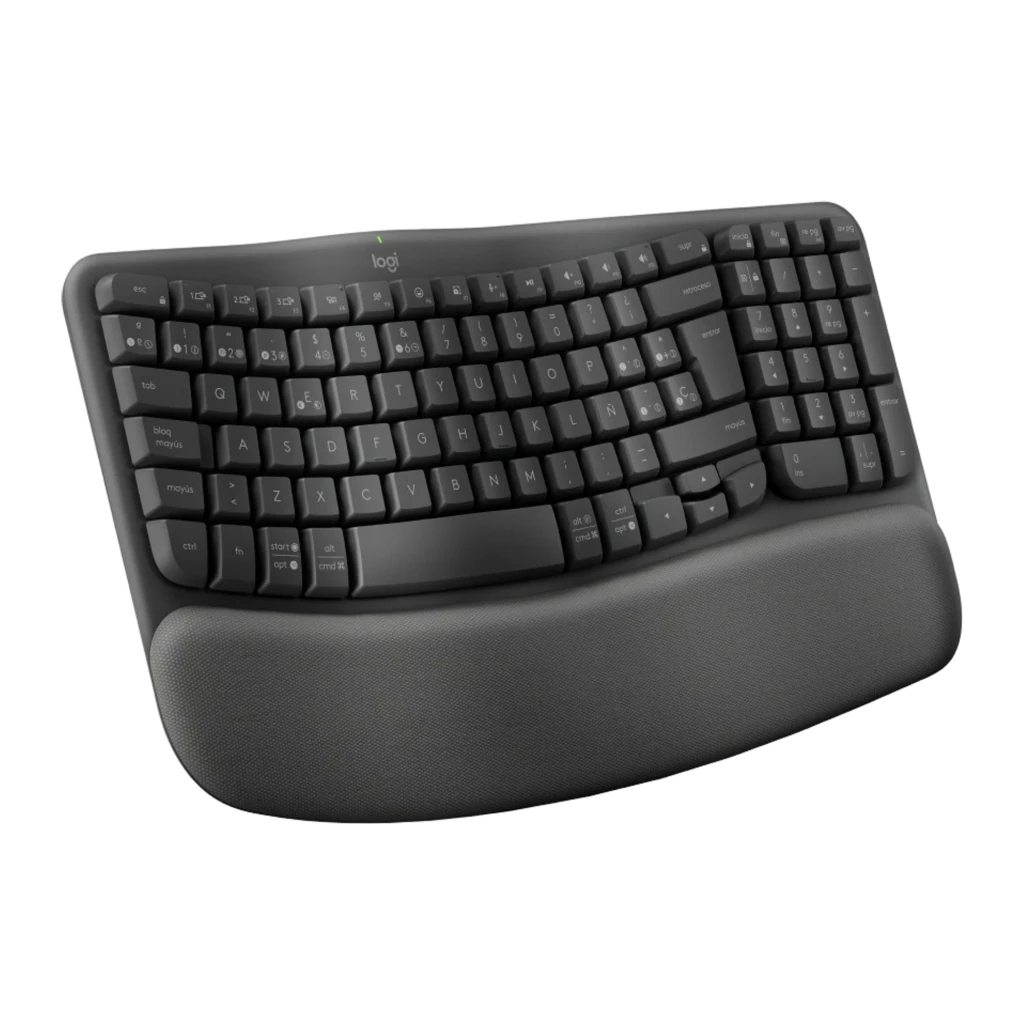 Logitech Wave Keys Sem Fio Ergonômico QWERTY Grafite, vista superior: layout ondulado, teclas e apoio de pulso acolchoado - Item1