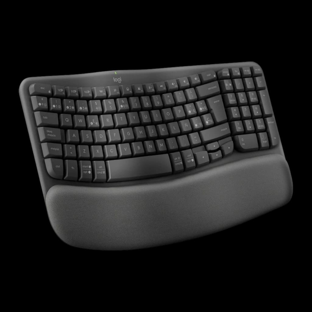 Logitech Wave Keys Inalámbrico Ergonómico QWERTY Grafito, vista frontal en ángulo: perfil del reposamuñecas y curvatura