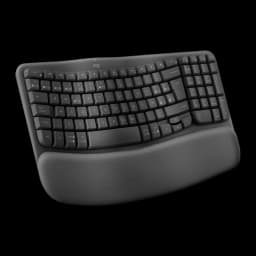 Logitech Wave Keys Inalámbrico Ergonómico QWERTY Grafito, vista frontal en ángulo: perfil del reposamuñecas y curvatura