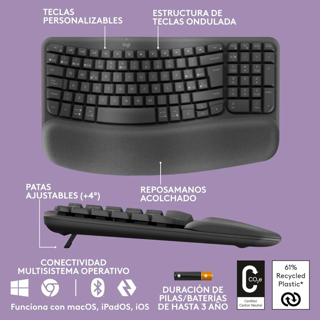 Logitech Wave Keys Sem Fio Ergonômico QWERTY Grafite, vista superior: layout ondulado, teclas e apoio de pulso acolchoado - Item3