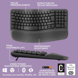 Logitech Wave Keys Inalámbrico Ergonómico Grafito, infografía: estructura ondulada, reposamanos y patas ajustables