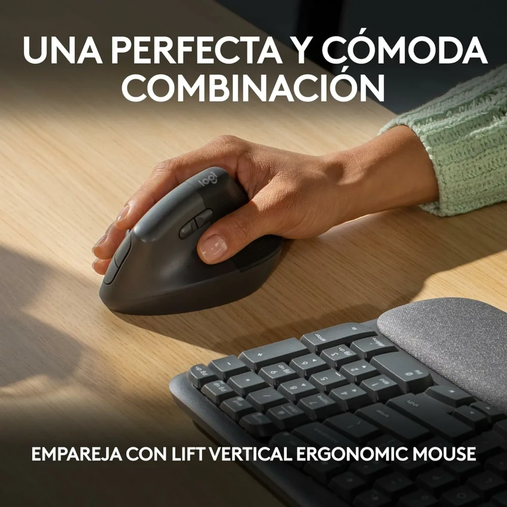 Logitech Wave Keys Sem Fio Ergonômico QWERTY Grafite, vista superior: layout ondulado, teclas e apoio de pulso acolchoado - Item6
