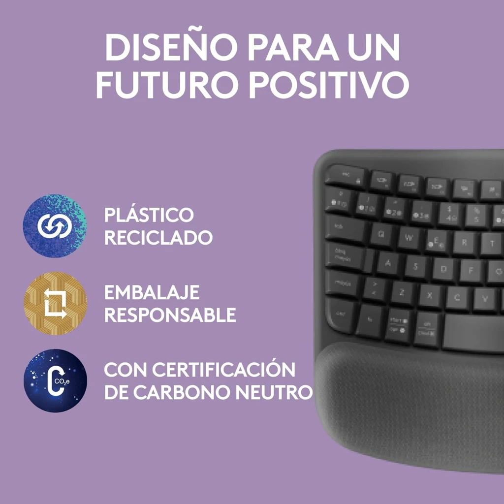 Logitech Wave Keys Sem Fio Ergonômico QWERTY Grafite, vista superior: layout ondulado, teclas e apoio de pulso acolchoado - Item7