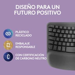 Logitech Wave Keys Inalámbrico Ergonómico Grafito, detalle: teclado gris con reposamanos y sellos de plástico reciclado