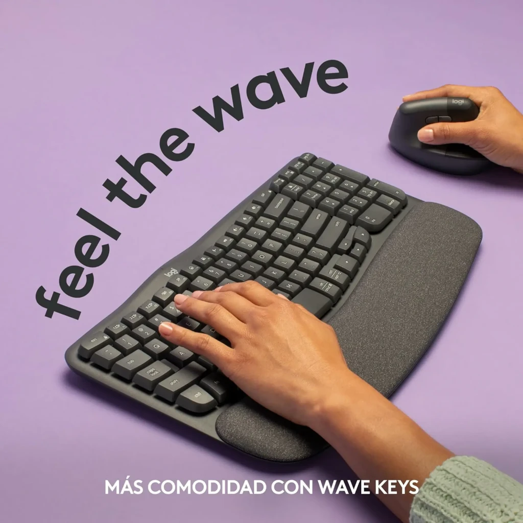 Logitech Wave Keys Sem Fio Ergonômico QWERTY Grafite, vista superior: layout ondulado, teclas e apoio de pulso acolchoado - Item8
