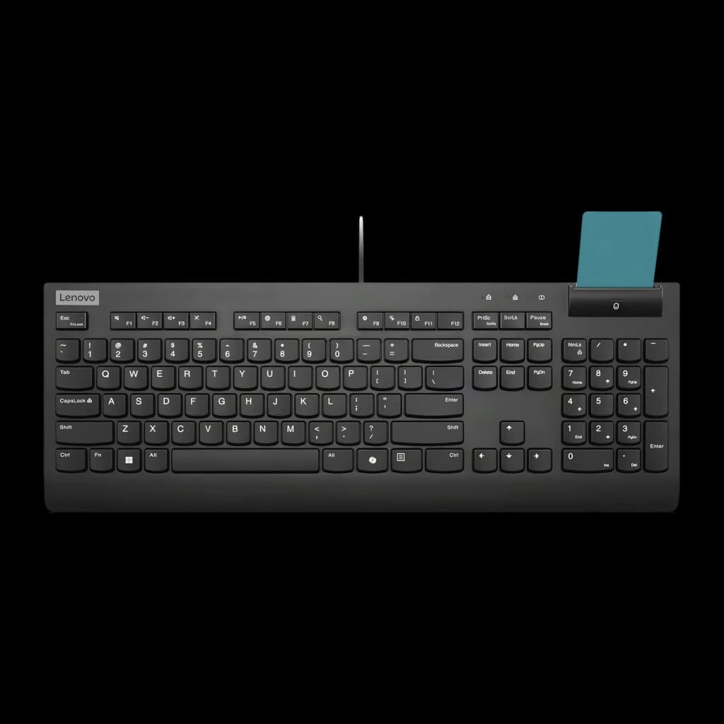 Lenovo Teclado Smartcard Wired Keyboard II USB Preto, vista superior: teclado completo com leitor de smartcard azul no canto