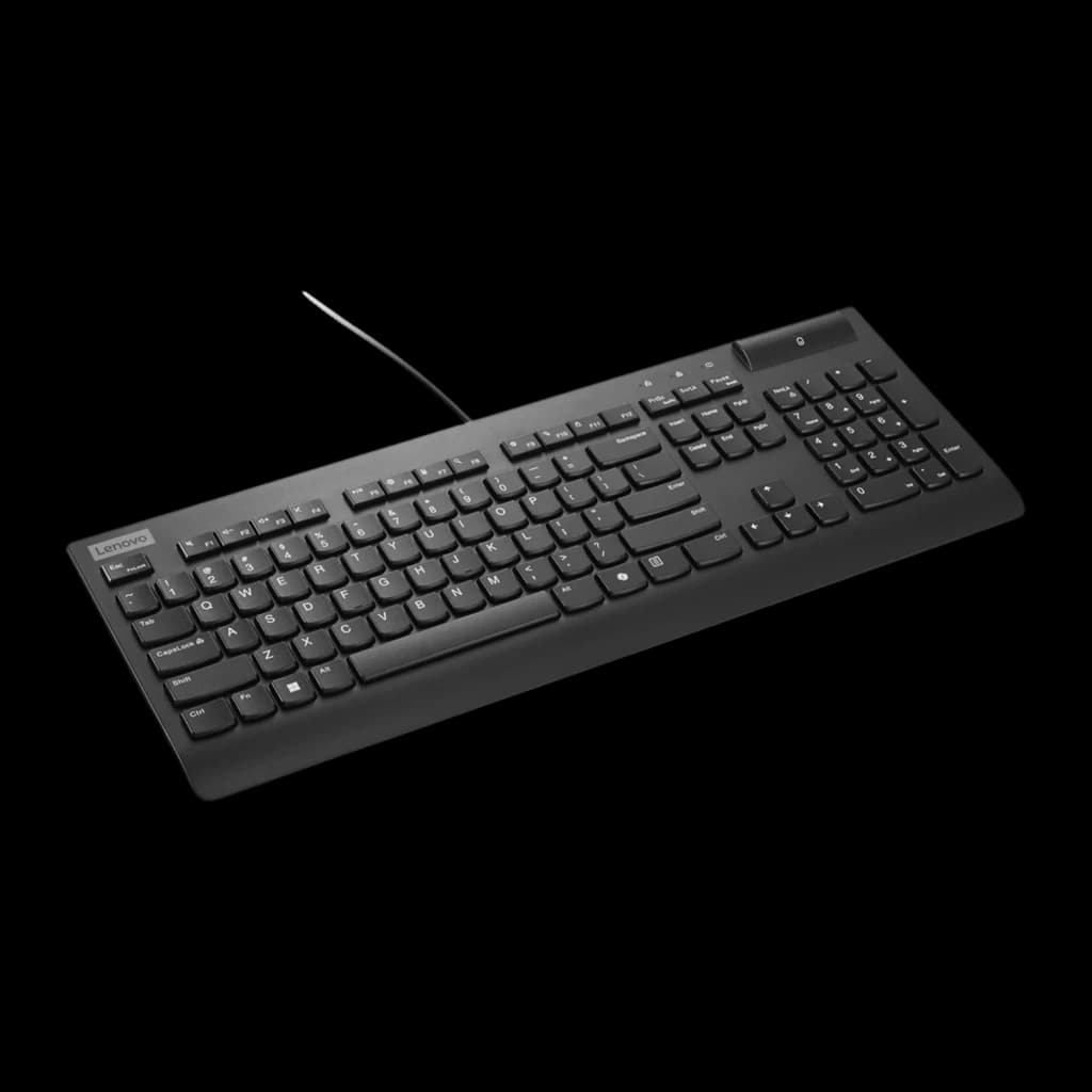 Lenovo Smartcard Wired Keyboard II USB preto, vista diagonal esquerda: logo Lenovo visível, leitor smartcard e teclado