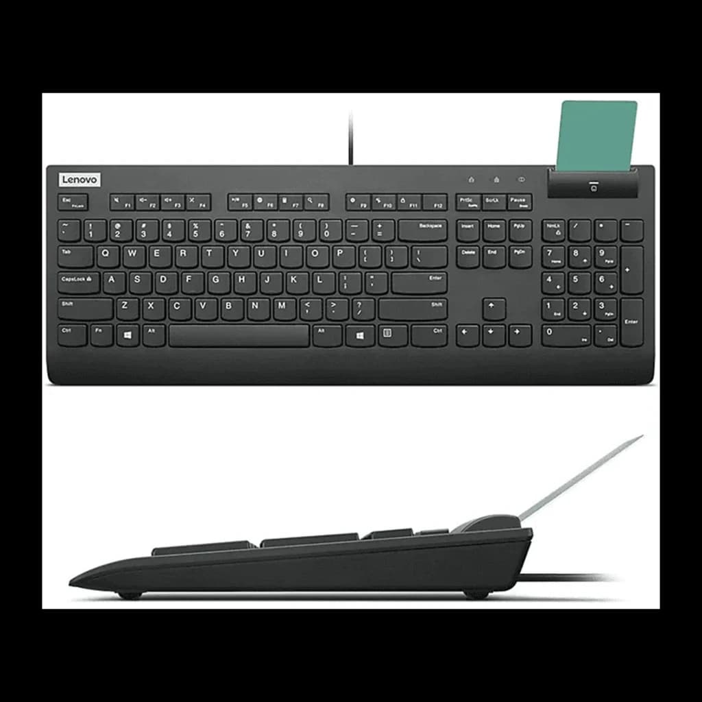 Lenovo Smartcard Wired Keyboard II USB preto, vista superior e lateral: leitor de cartão inteligente e perfil fino com cabo