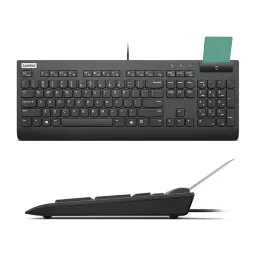 Lenovo Smartcard Wired Keyboard II USB preto, vista superior e lateral: leitor de cartão inteligente e perfil fino com cabo