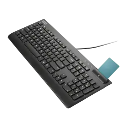 Lenovo Smartcard Wired Keyboard II USB preto, vista em perspectiva: teclado completo com leitor de cartão inteligente