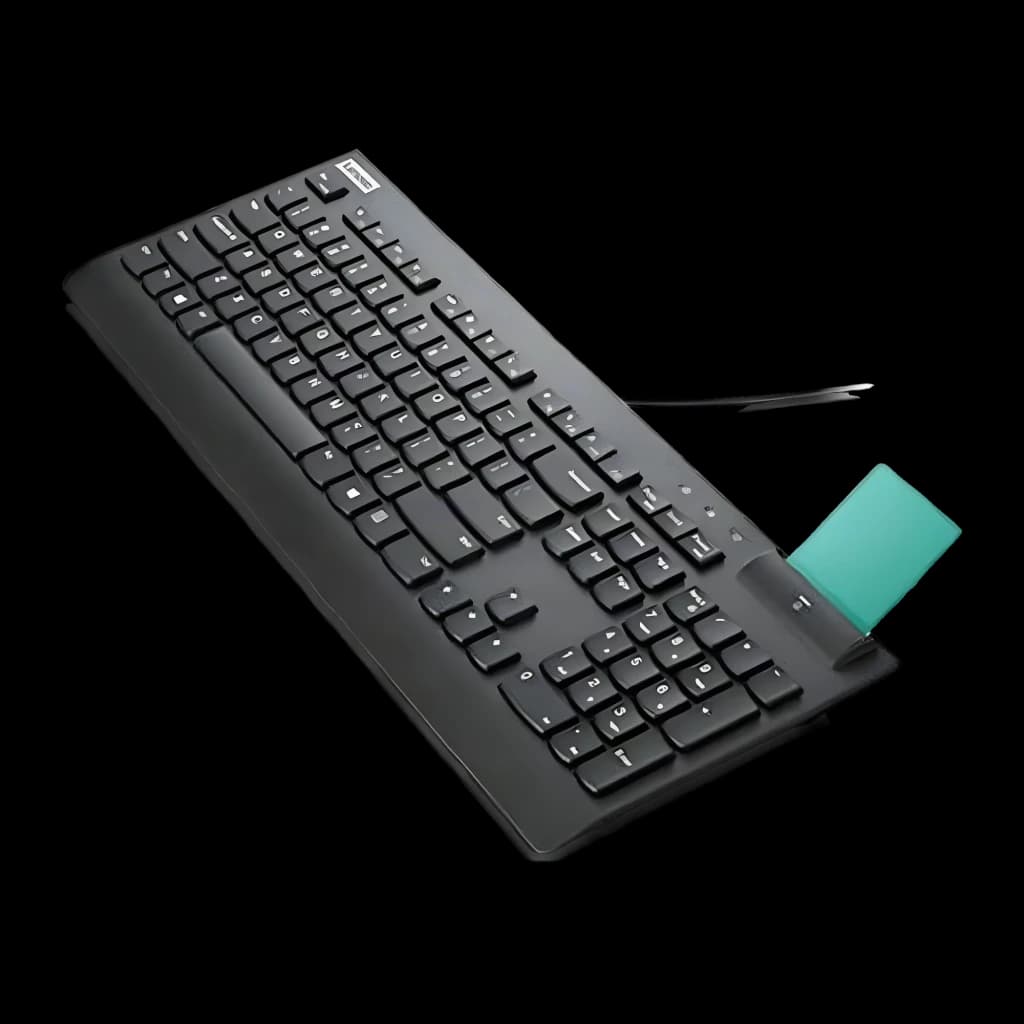 Lenovo Teclado Smartcard Wired Keyboard II USB preto, vista em perspectiva: teclado completo com cartão smartcard inserido