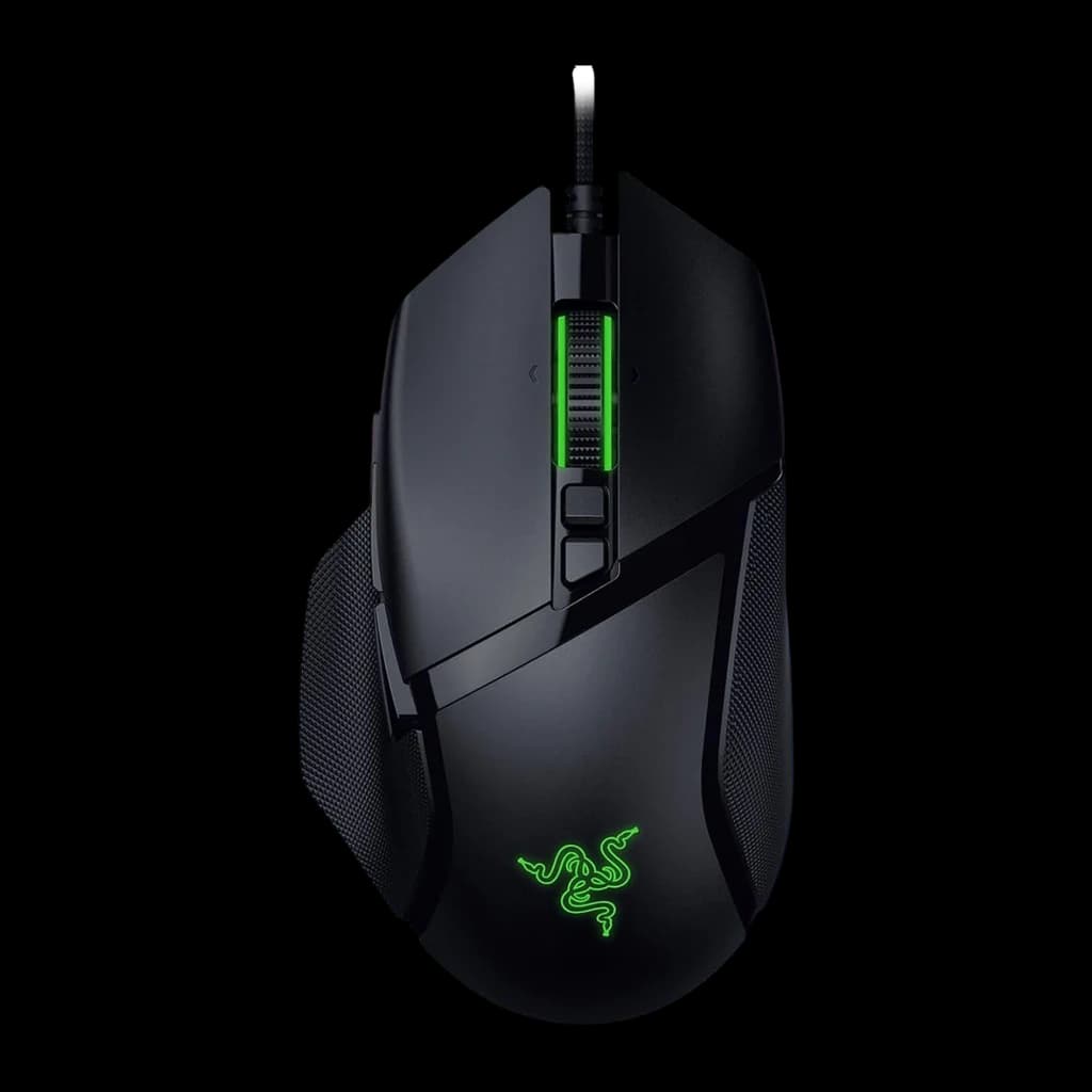 Razer Basilisk V3 35K preto, vista superior: roda com RGB verde, botões laterais e logo iluminado