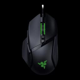 Razer Basilisk V3 35K preto, vista superior: roda com RGB verde, botões laterais e logo iluminado