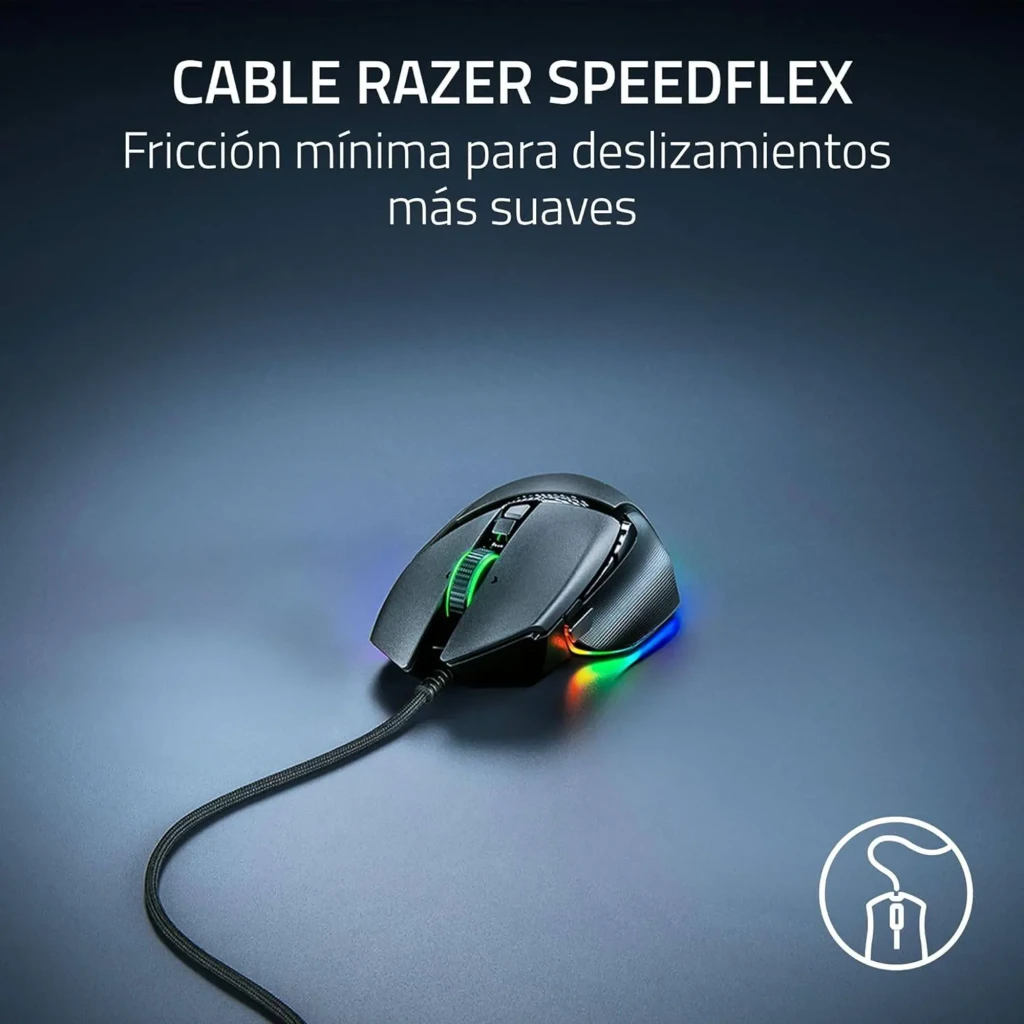 Razer Basilisk V3 35K preto, vista superior: roda com RGB verde, botões laterais e logo iluminado - Item8